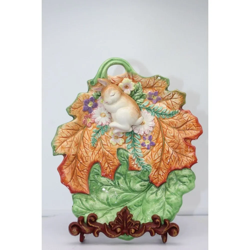 Fitz & Floyd - Classic Woodland Spring Bunny Sleeping On Leaf Shaped Candy Dish